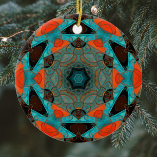 Mosaic Mandala Flower Blue och Orange Julgransprydnad Keramik