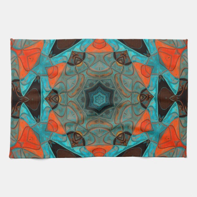 Mosaic Mandala Flower Blue och Orange Kökshandduk (Horisontell)