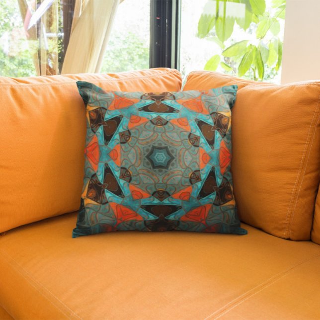 Mosaic Mandala Flower Blue och Orange Kudde (Skapare uppladdad)