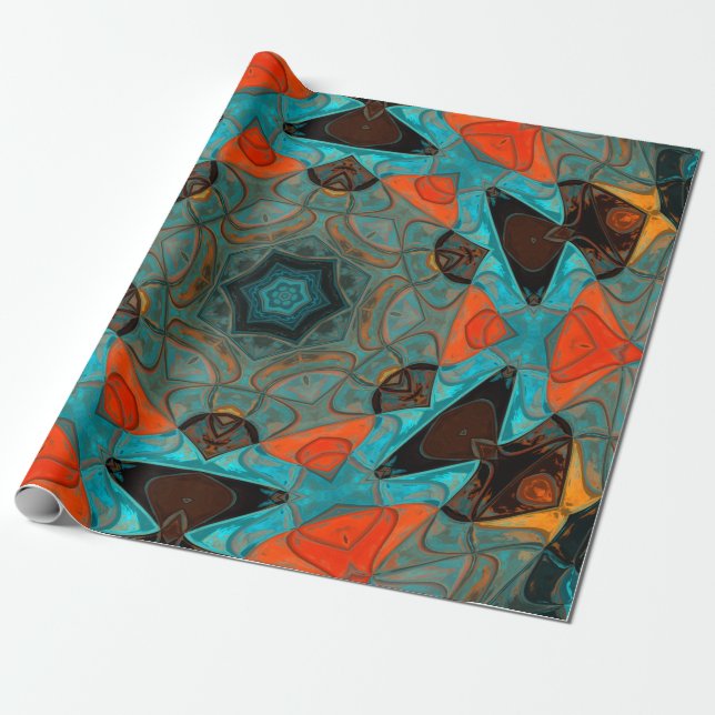 Mosaic Mandala Flower Blue och Orange Presentpapper (Utrullad)