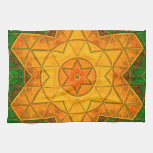 Mosaic Mandala Flower Grönt and Gult Kökshandduk (Horisontell)