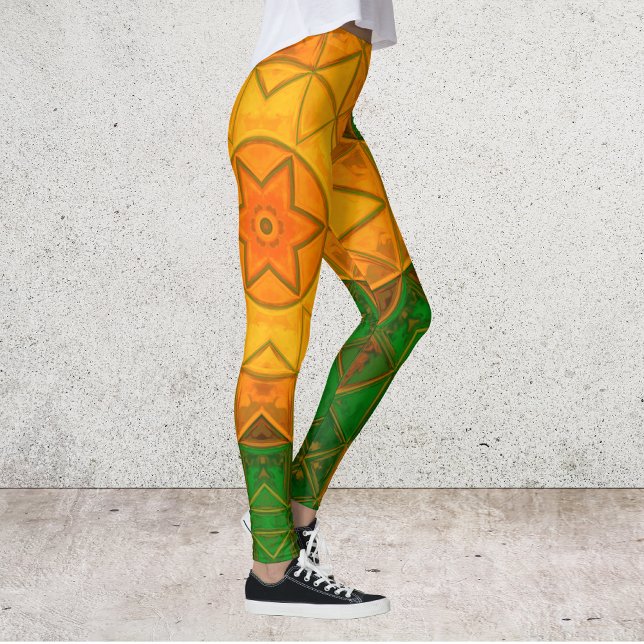 Mosaic Mandala Flower Grönt and Gult Leggings (Skapare uppladdad)