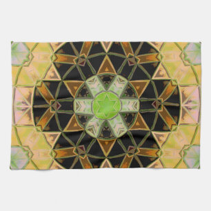 Mosaic Mandala Flower Grönt Gult and Black Kökshandduk