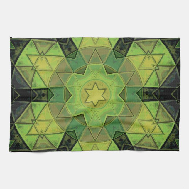 Mosaic Mandala Flower Grönt Gult and Black Kökshandduk (Horisontell)