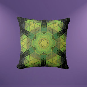 Mosaic Mandala Flower Grönt Gult and Black Kudde