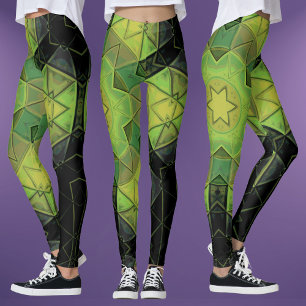 Mosaic Mandala Flower Grönt Gult and Black Leggings