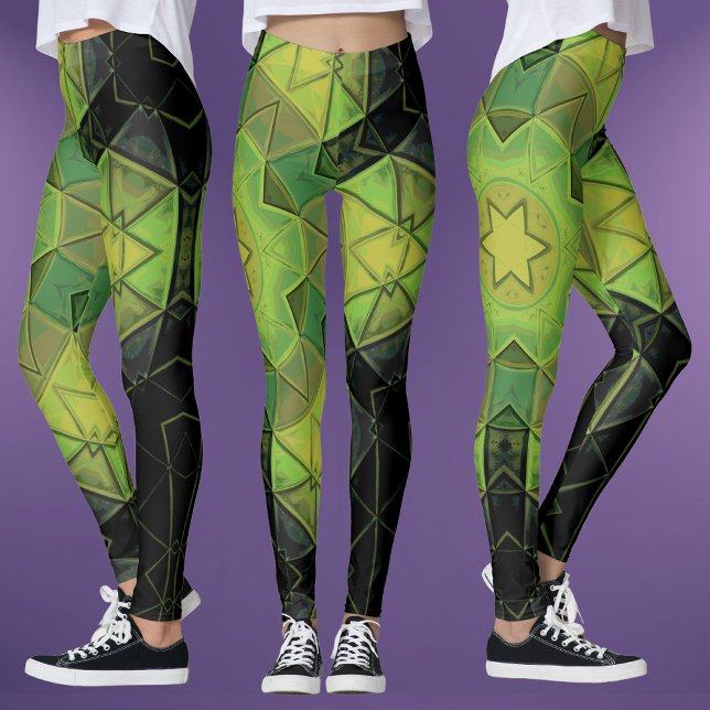 Mosaic Mandala Flower Grönt Gult and Black Leggings (Skapare uppladdad)