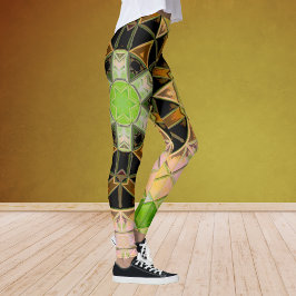 Mosaic Mandala Flower Grönt Gult and Black Leggings