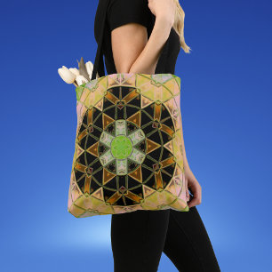Mosaic Mandala Flower Grönt Gult and Black Tygkasse