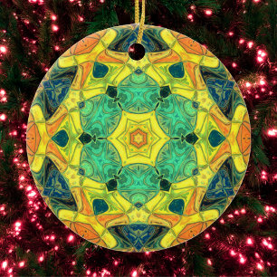 Mosaic Mandala Flower Grönt Gult Blue och Orange Julgransprydnad Keramik