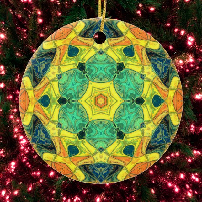 Mosaic Mandala Flower Grönt Gult Blue och Orange Julgransprydnad Keramik (Skapare uppladdad)