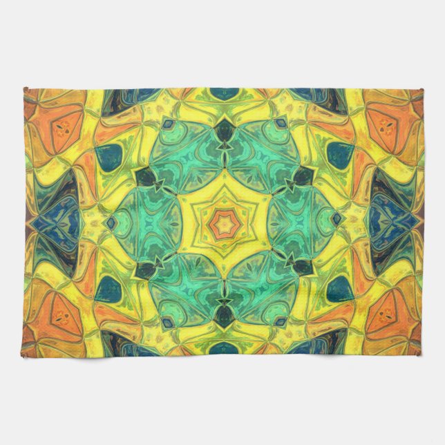 Mosaic Mandala Flower Grönt Gult Blue och Orange Kökshandduk (Horisontell)