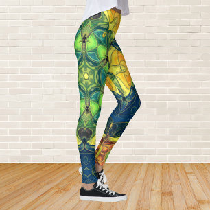 Mosaic Mandala Flower Grönt Gult och Blue Leggings