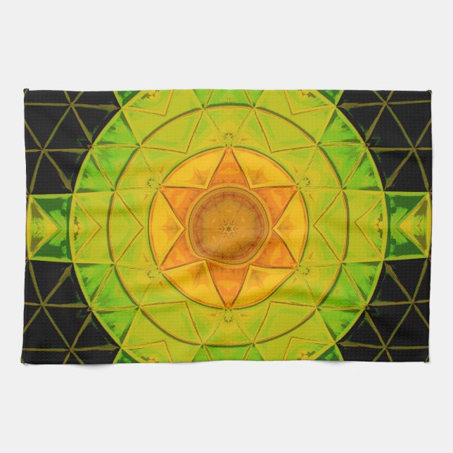 Mosaic Mandala Flower Grönt Orange and Black Kökshandduk (Horisontell)