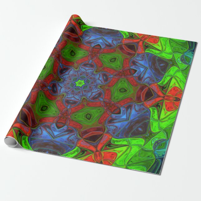 Mosaic Mandala Flower Grönt Red and Blue Presentpapper (Utrullad)