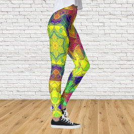 Mosaic Mandala Flower Gult Blue och Grönt Leggings
