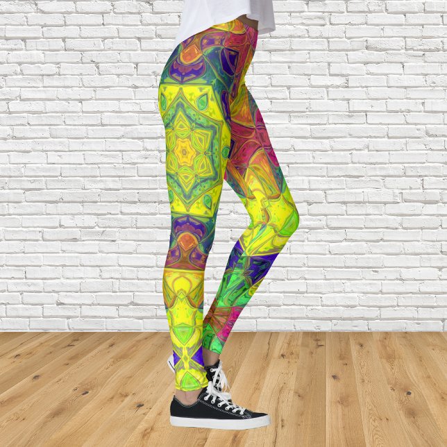Mosaic Mandala Flower Gult Blue och Grönt Leggings (Skapare uppladdad)