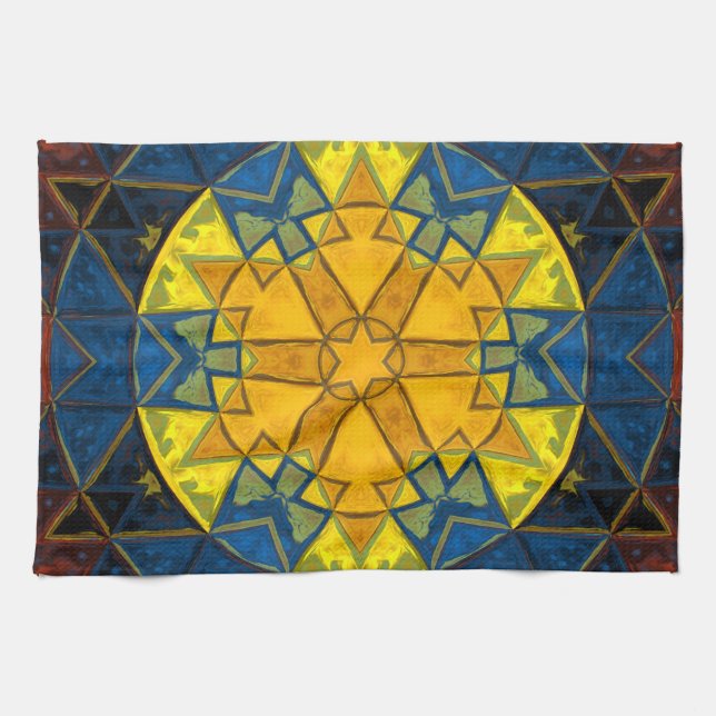 Mosaic Mandala Flower Gult Blue och Red Kökshandduk (Horisontell)