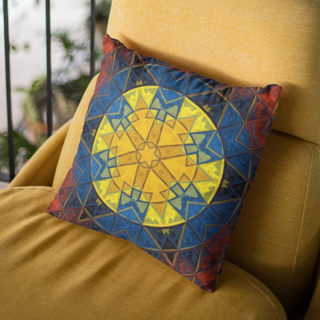 Mosaic Mandala Flower Gult Blue och Red Kudde (Skapare uppladdad)