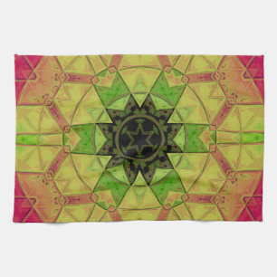 Mosaic Mandala Flower Gult Grönt och Rosa Kökshandduk