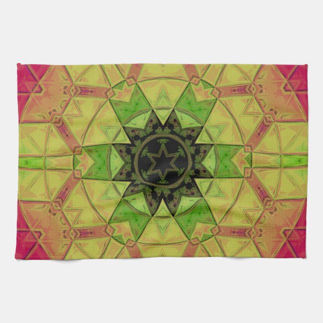 Mosaic Mandala Flower Gult Grönt och Rosa Kökshandduk (Horisontell)