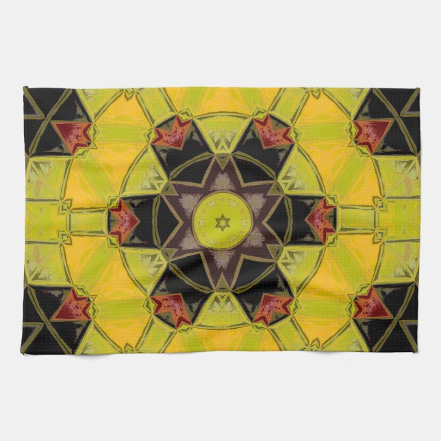 Mosaic Mandala Flower Gult Grönt Red and Black Kökshandduk (Horisontell)
