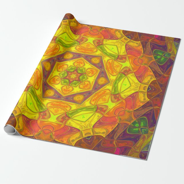Mosaic Mandala Flower Gult Orange och Lila Presentpapper (Utrullad)