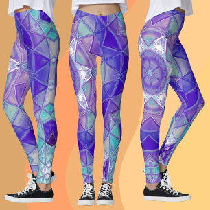 Mosaic Mandala Flower Lila Blue and White Leggings