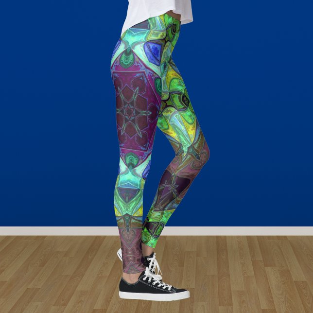 Mosaic Mandala Flower Lila Blue och Grönt Leggings (Skapare uppladdad)