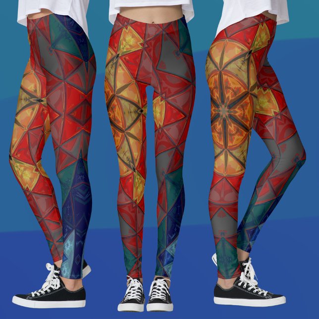 Mosaic Mandala Flower Red Blue och Gult Leggings (Skapare uppladdad)
