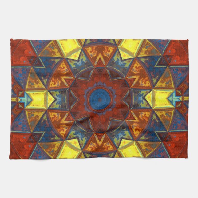 Mosaic Mandala Flower Red Gult and Blue Kökshandduk (Horisontell)