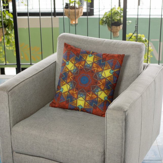 Mosaic Mandala Flower Red Gult and Blue Kudde (Skapare uppladdad)