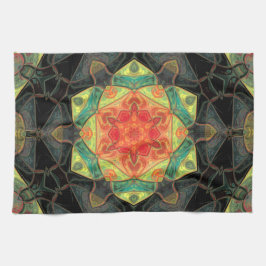 Mosaic Mandala Flower Red Gult Grönt and Black Kökshandduk