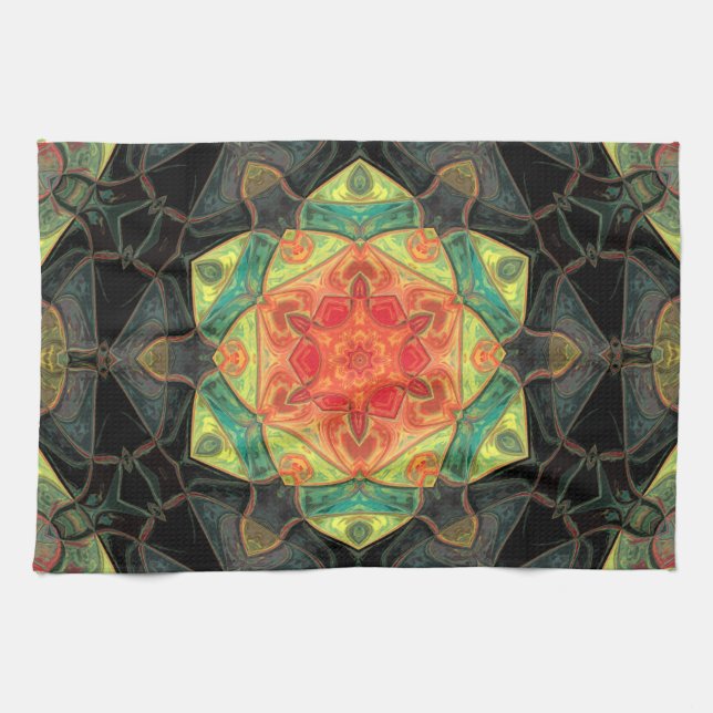Mosaic Mandala Flower Red Gult Grönt and Black Kökshandduk (Horisontell)