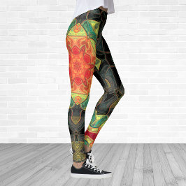 Mosaic Mandala Flower Red Gult Grönt and Black Leggings