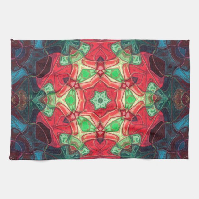 Mosaic Mandala Flower Red Teal och Blue Kökshandduk (Horisontell)