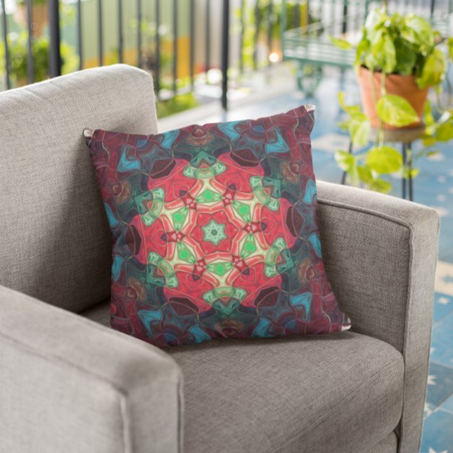 Mosaic Mandala Flower Red Teal och Blue Kudde (Skapare uppladdad)