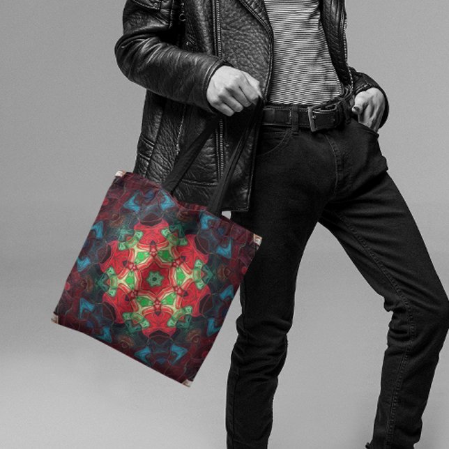 Mosaic Mandala Flower Red Teal och Blue Tygkasse (Skapare uppladdad)