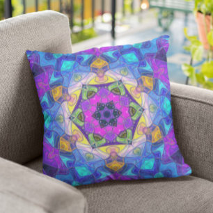 Mosaic Mandala Flower Rosa Blue och Gult Kudde