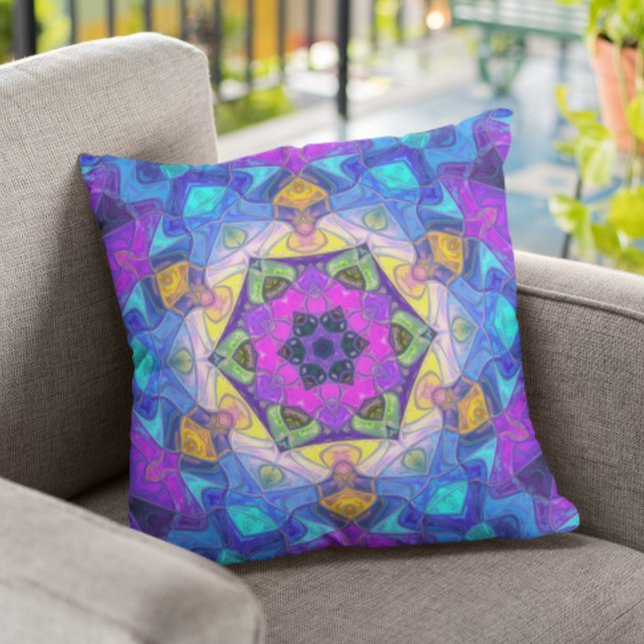 Mosaic Mandala Flower Rosa Blue och Gult Kudde (Skapare uppladdad)