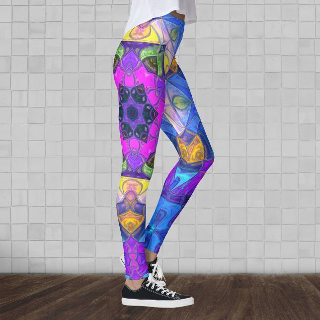 Mosaic Mandala Flower Rosa Blue och Gult Leggings (Skapare uppladdad)