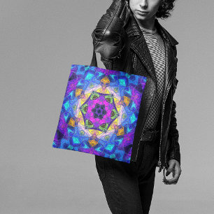 Mosaic Mandala Flower Rosa Blue och Gult Tygkasse