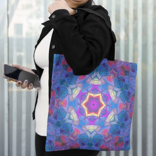 Mosaic Mandala Flower Rosa Blue och Gult Tygkasse (Skapare uppladdad)