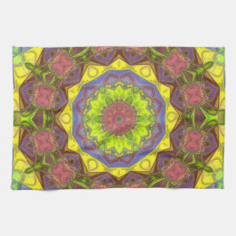 Mosaic Mandala Flower Rosa Gult and Grönt Kökshandduk