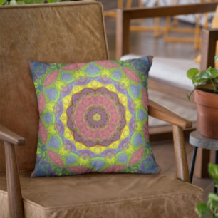 Mosaic Mandala Flower Rosa Gult and Grönt Kudde