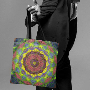 Mosaic Mandala Flower Rosa Gult and Grönt Tygkasse