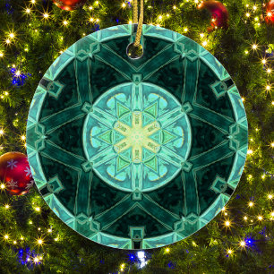 Mosaic Mandala Teal och Gult Julgransprydnad Keramik