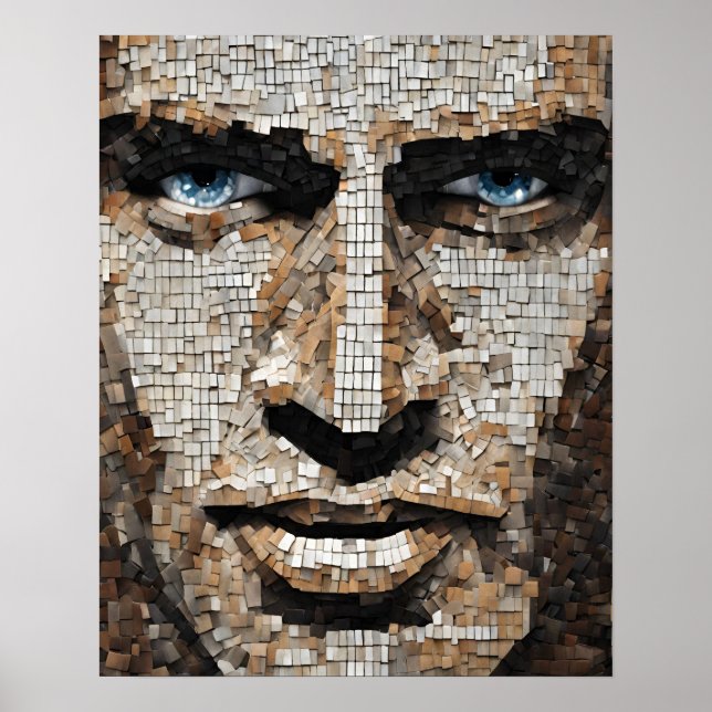 Mosaic Mans Ansikte Blue Ögon Wall Art Poster (Framsidan)