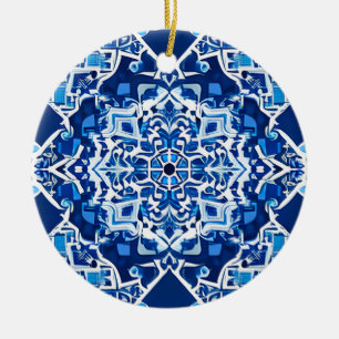 Mosaic Mönster i Indigo och Cobalt Blue Julgransprydnad Keramik
