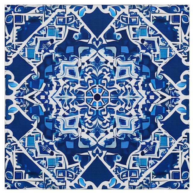 Mosaic Mönster i Indigo och Cobalt Blue Tyg (Provkarta)